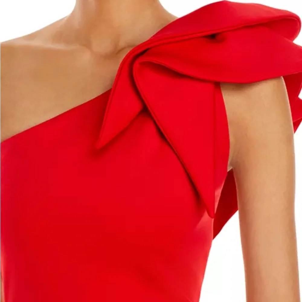AQUA Red One-Shoulder Scuba Gown | Size 8 | Ruffle Shoulder Formal Dress - Picture 2 of 12